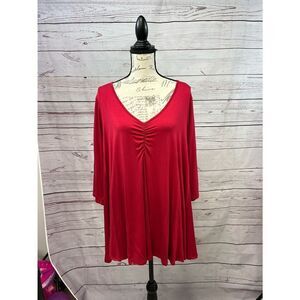 Zennilo Red V-Neck Ruched Front 3/4 Sleeve Flowy Tunic Top Plus Size 2X‎